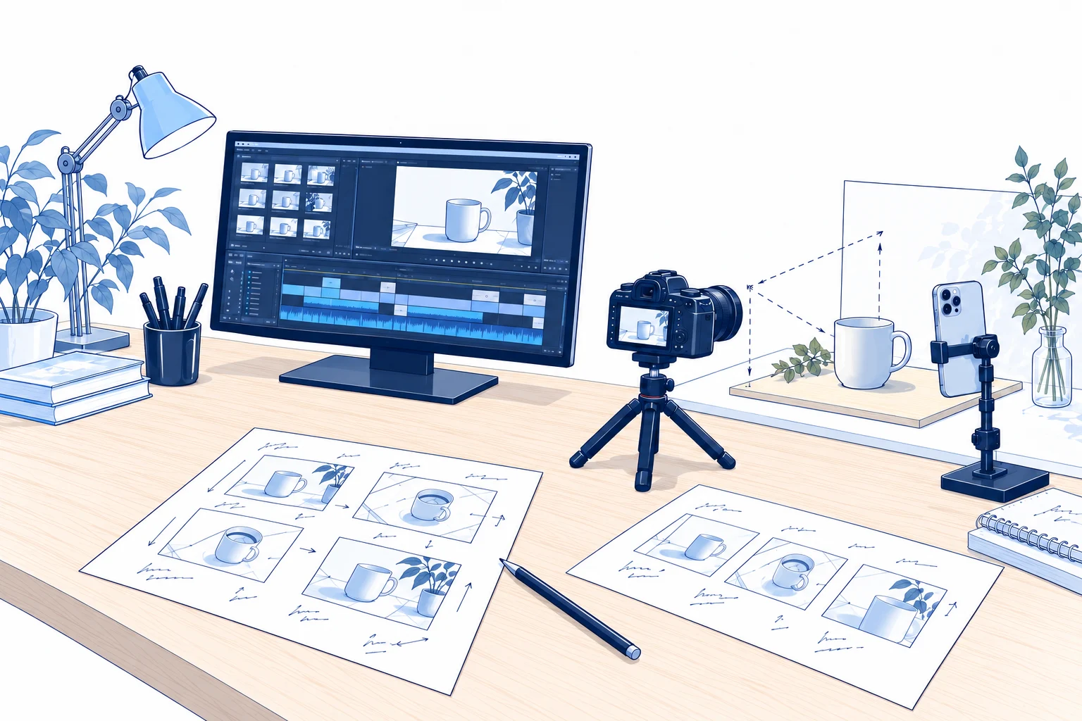 一眼レフ・iPhone Pro・絵コンテ・動画編集画面を配置した制作研究室のイメージ
